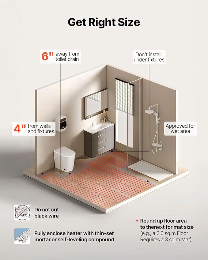 VEVOR 100 sqft Underfloor Heating Cable Kit, 120V Electric Radiant Heated Floor System, with Smart Control Thermostat & Alarm, Easy Installation for Tile, Stone, Vinyl, Home Improvement
