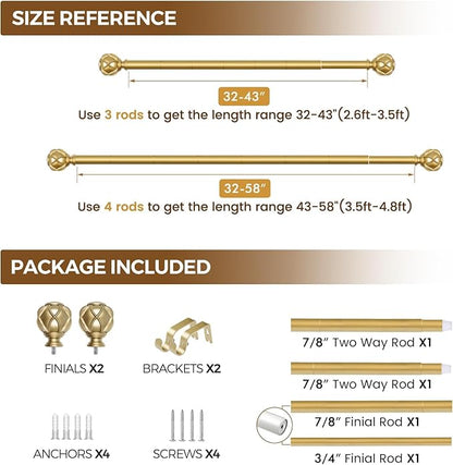 KAMANINA Gold Curtain Rod 32 to 58 Inch(2.6-4.8Ft), 7/8 Inch Single Adjustable Curtain Rods for Windows 28 to 48, Decorative Drapery Rods with Netted Texture Finials