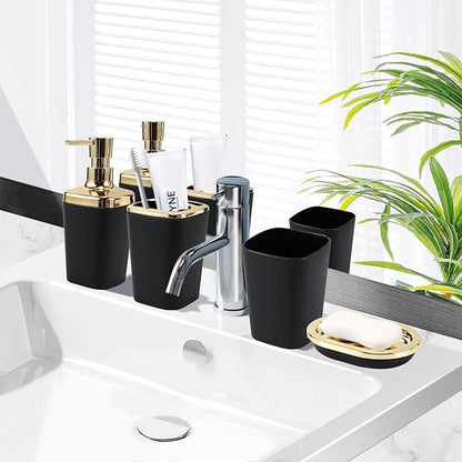 Black Bathroom Set, Bathroom Sets with Stripe Shower Curtain, Black and Gold Bathroom Accessories with Trash Can, Soap Dispenser, Soap Dish, Toilet Brush Holder, Qtip Holders for Bathroom