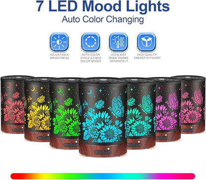 Essential Oil Diffuser- Aromatherapy Diffuser with7 Colors Light and Auto-Off for Women Metal Cool Mist Humidifier for Home and Office for Mom Women（Sunflower + Butterfly）
