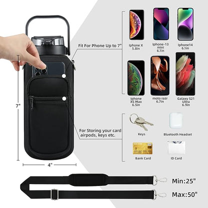 Half Gallon 64oz Glass Water Bottle with Straw and Storage Sleeve Motivational Water Bottle with Strap and Time to Drink 2L Leakproof Reusable Water Jug for Fitness Gym and Outdoors