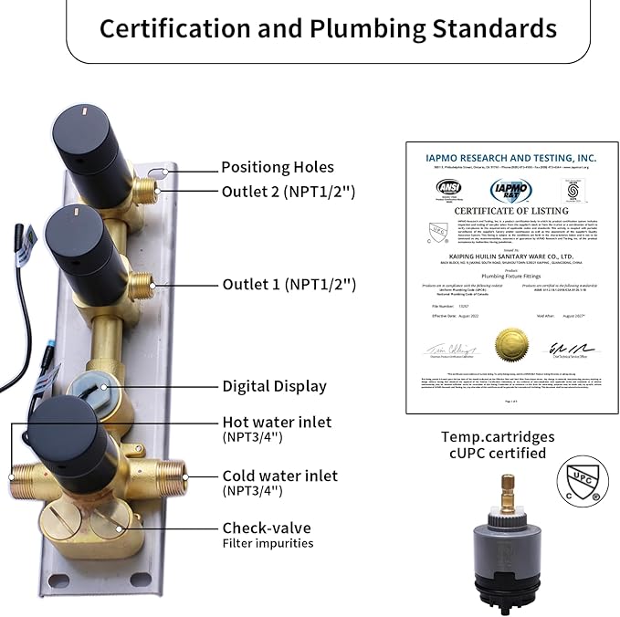 2 Way Shower Diverter Valve Brass 2 Functions Digital Temperature Display Thermostatic Shower Mixing Valve Kit 3 Handle Flow Cotrol Valve, Can Run Simultaneously Matte Black