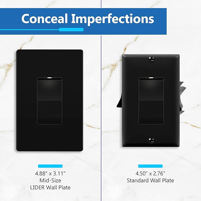 LIDER Decorator Wall Plate, Temperature and Impact Resistant UL Listed, Polycarbonate Thermoplastic, Matte Finish, Screwless Switch Cover for Modern Decoration, Mid-Size 1-Gang 4.88" x 3.11", Black