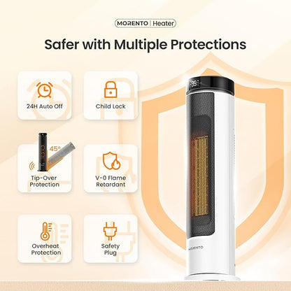 MORENTO Space Heater for Indoor Use, 1500W Ceramic Fast Heat, Electric Space Heater for Large Room with Remote, Thermostat, Digital Display, 5 Modes, 12H Timer, 70° Oscillation, 23dB White 1 Pack