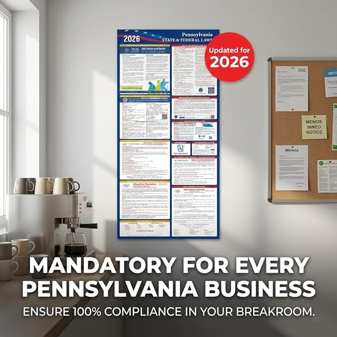 Pennsylvania Labor Law Poster Set 2026,Federal and OSHA Compliant Laminated Post,All in One Required Compliance Posting 17" x 40" English Version 2PCS - Ideal for Posting in The Workplace