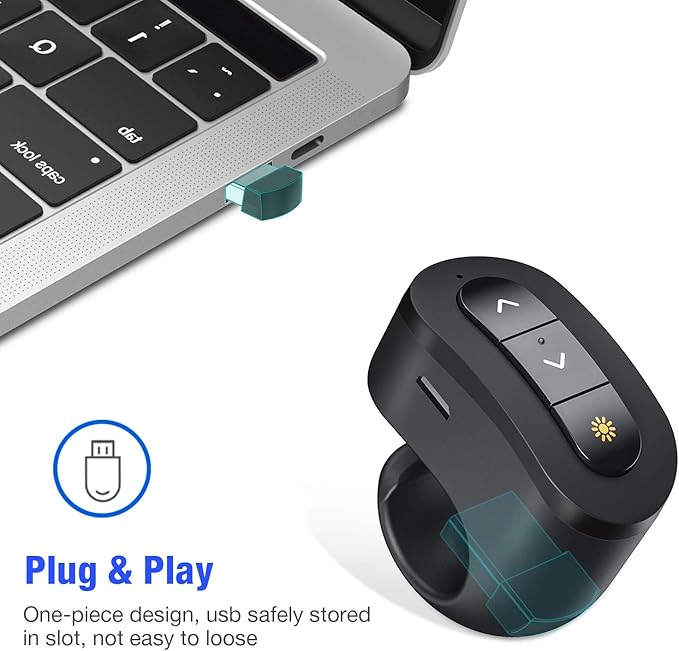 Rechargeable Finger Ring Wireless Presenter Clicker for PowerPoint, Keynote, Mac, Laptop - USB Presentation Remote with 2.4GHz RF