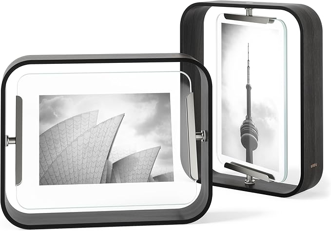 Umbra Bellwood 5x7 Desk Picture Frame with Bent Wood Trim and Two-Sided Rotating Display, Black