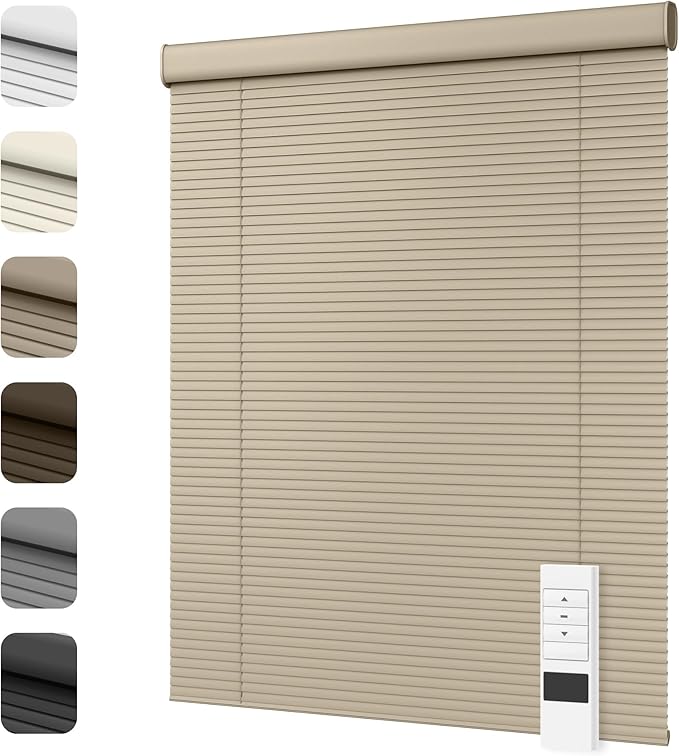 Motorized Cordless Aluminum Blinds with Remote, Automatic Room Darkening Horizontal Blinds for Indoor Windows, Light Adjustment Waterproof Blinds, Customized for Home, Office, Khaki