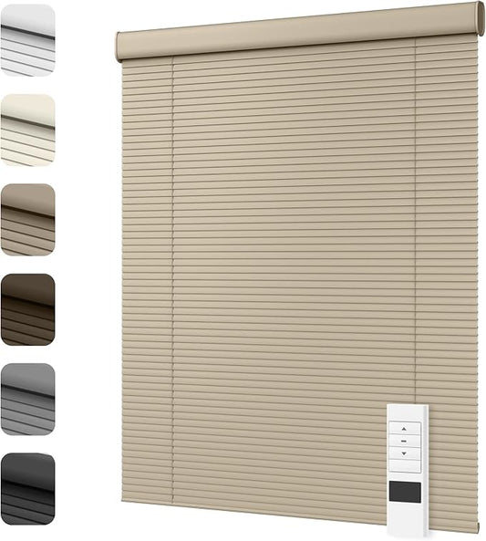 Motorized Cordless Aluminum Blinds with Remote, Automatic Room Darkening Horizontal Blinds for Indoor Windows, Light Adjustment Waterproof Blinds, Customized for Home, Office, Khaki