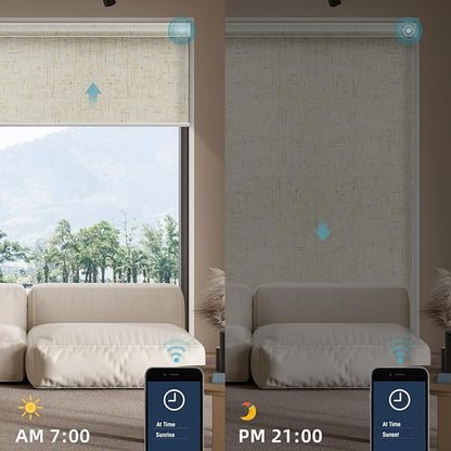 SmartWings Motorized Smart Blinds for Windows in Light Filtering, Electric Remote Roller Shades Compatible with Alexa/Google Home/Homekit, Custom Up to 110”W x 148”H, Linen Translucent Sand