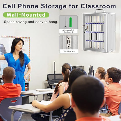 Loghot Aluminum Alloy Pocket Chart Cell Phones Storage Cabinet for Cell Phones, Wall-Mounted Cell Phone Locker Phone Holder with Lock for Classroom, Office, Can be Carried by Hand (48 Slots)