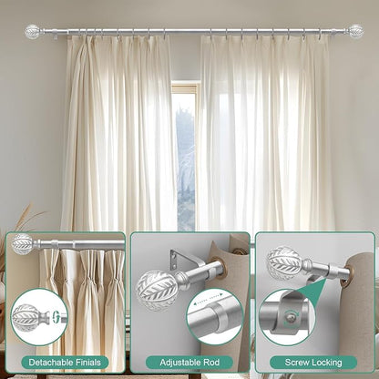 Silver Curtain Rods for Windows 66 to 120 inch,1" Adjustable Heavy Duty Window Curtain Rod Leaf Finials,Rustic Decorative Drapery Rods Set,Size:36-120''