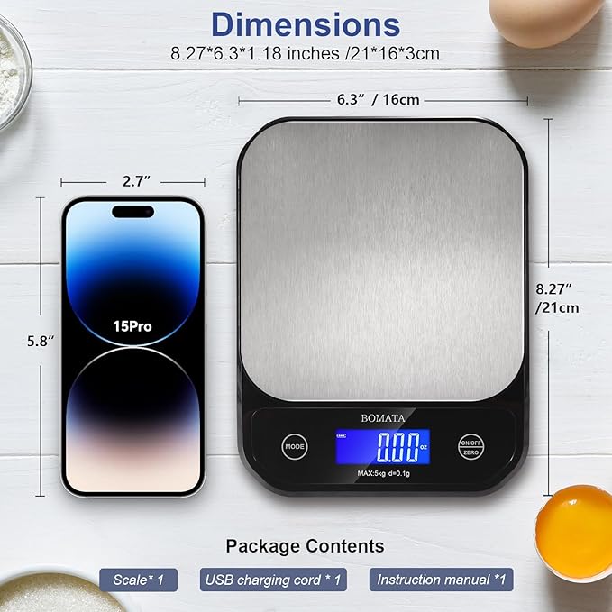 BOMATA Waterproof Kitchen Scale, 0.1g/0.01oz High Precision, 5kg/11lb, Washable, USB Rechargeable, Digital Scale for Food,Cooking, Baking, Weight Loss, Black&Grey