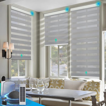 DENFOON Motorized Zebra Blinds, Solar Powered Dual Layer Automatic Shades with Remote Control, Rechargeable Smart Blinds Horizontal Wireless Electric Shades for Windows, Custom Size, Gray， 39 x 72