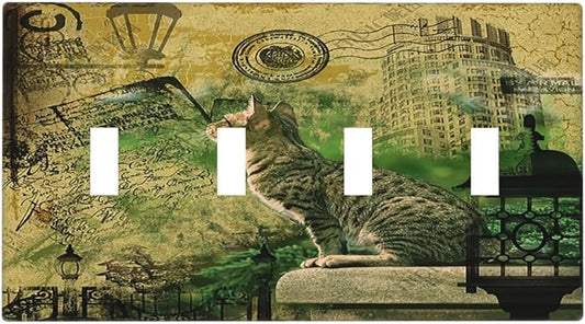 Light Switch Cover Plate Vintage Style Cat City Stamp 4 Gang Quad Toggle Wall Plate Electrical Outlet Cover Decorative Switch Plate Covers for Bedroom Home Decor