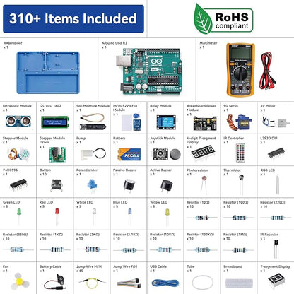 SunFounder Inventor Lab Starter Kit with Original Arduino Uno R3 REV3 Board Multimeter 34 Projects RAB Breadboard Holder Battery HCSR-04, RoHS Compliant, for Beginners & Engineers