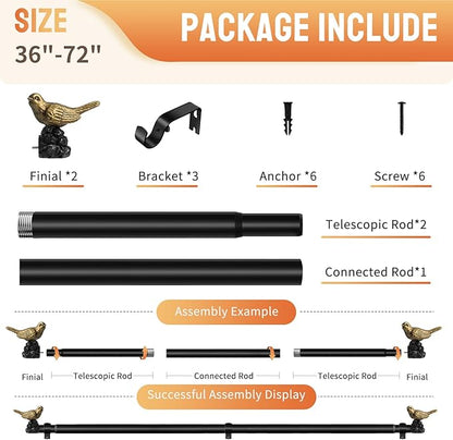 Decorative Black Curtain Rod 36 to 72 Inches Adjustable Drapery Rod with Bird Finials Heavy Duty Curtain Rods for Windows Living Room Kitchen