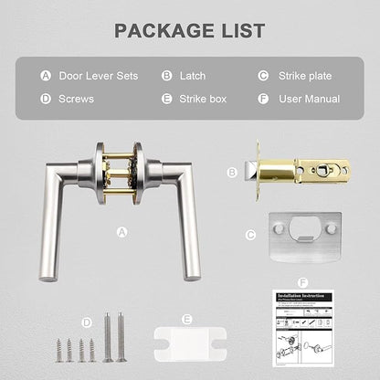 GOBEKOR 2 Pack Brushed Nickel Door Handles Interior,Heavy Duty Passage Door Handles Interior Door Levers for Hallway and Closet, Modern Sleek Round Door Locks Satain Nickel