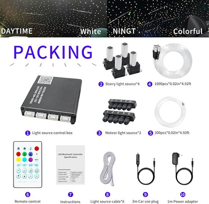 Upgraded Starlight Headliner Kit, Meteor & Music Effect 16 Million Colors, 22W RGBW 1300pcs 0.2in x 4.92ft, Split 4+10 Holes Fiber Optic Light Kits for Car Home Ceiling, APP & Remote