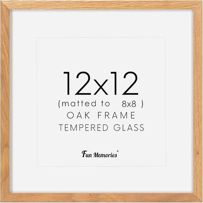 12x12 Picture Frame, Solid Oak Wood 12"x12" Photo Frame for Wall, 12 x 12 Frame Matted to 8 x 8, Square 12x12 Frame, Tempered Real Glass, 12 x 12 Collage Gallery Frames - Natural Oak Color, 1 Pack