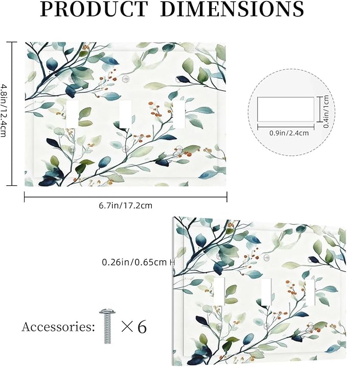 Decorative Light Switch Cover Plate Eucalyptus Leaf Geen Sage Leaves 3 Gang Wall Plates for Electrical Outlets Triple Toggle Switch Plate Covers Outlet Covers Faceplate for Bedroom Home Decor