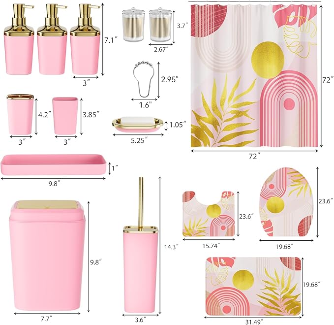 Bathroom Set - Bathroom Sets with Shower Curtain and Rugs, Bathroom Accessory Set, Pink Bathroom Accessories Set with Trash Can, Toilet Brush and Soap Dispensers