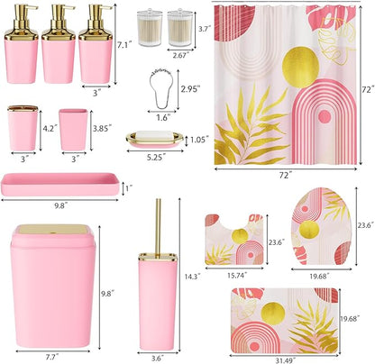 Bathroom Set - Bathroom Sets with Shower Curtain and Rugs, Bathroom Accessory Set, Pink Bathroom Accessories Set with Trash Can, Toilet Brush and Soap Dispensers