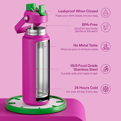 ENCOOL Insulated Water Bottle with Straw Stainless Steel Water Bottle, Leak-Proof, BPA-Free, Double Wall Vacuum Keeps Cold for 24 Hours for Sports, Travel, School (32 oz, Knockout Pink)