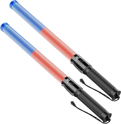 RoadHero 2 Pack 21 Inch Traffic Control Baton, Red and Blue LED Traffic Wand with 3 Flashing Modes, Air Marshaling Signal Wand with Side Clip for Airport, Parking, Car Directing
