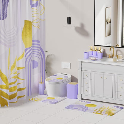Bathroom Set - Bathroom Sets with Shower Curtain and Rugs, Bathroom Accessory Set, Purple Bathroom Accessories Set with Trash Can, Toilet Brush and Soap Dispensers