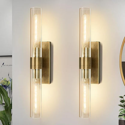 Wall Sconces Set of Two, 22.8" Gold Bathroom Sconces Wall Lighting with Clear Glass, Modern Sconces Wall Decor Brass Light Fixtures for Bathroom Mirror Living Room Hallway Bedroom