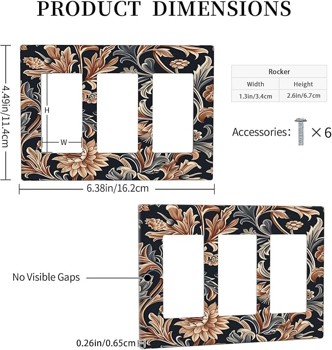Light Switch Covers Vintage Grey Plant Leaves Brown Flowers 3 Gang Rocker Electrical GFCI Decorative Triple Outlet Wall Plate Cover Switchplate for Bedroom Home Decor