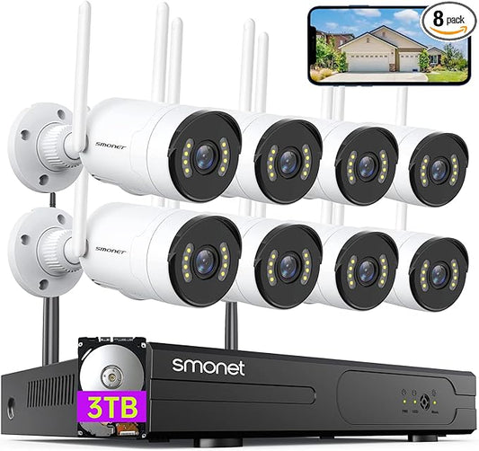 【5MP HD, Audio】 Wireless Security Camera System, 3TB Hard Drive, SMONET 8CH Complete Home CCTV Surveillance NVR Kits, 8Pcs Outdoor Indoor IP Cameras Night Vision, IP66 Waterproof, Free Phone APP