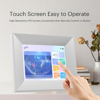8-Inch Digital Picture Frame with WiFi, Wood Finish Frame Smart Photo Frame HD IPS Touch Screen with 16GB Storage – Easy Photo & Video Sharing from Anywhere – Ideal Gift for Family, White
