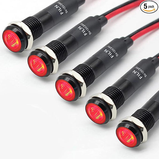 5Pcs 8MM (5/16'') Indicator Light led Indicator Light 12V 24v Metal Pilot Lamp Light Black Anodized Waterproof ip67 Red Signal Lamp Light(12V-Black Anodized-Red 5Pcs)