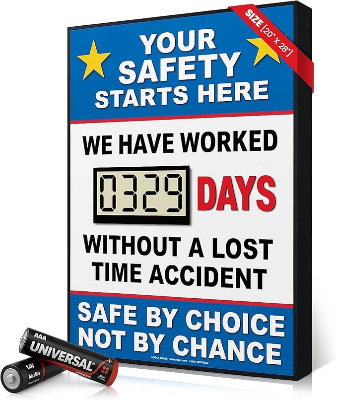 Battery Operated Safety Digital Scoreboard 20" × 28" | Full Size Indoor Led Scoreboard with Auto Day Counter | No Power Cord Needed | Track Days Without Accident Sign for Workplace Safety