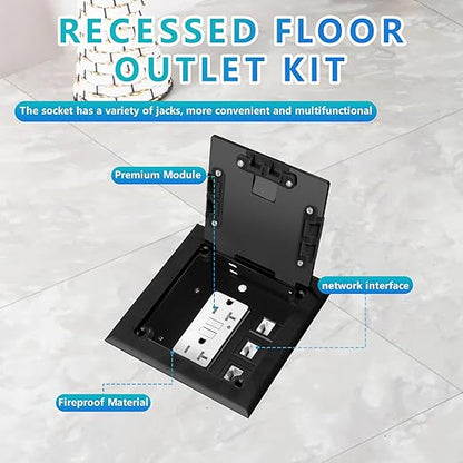 KYHSHJ Recessed Flat Hidden Socket Kit with 2 * 20 Amp Stainless Steel GFCI Tamper Receptacle Outlet+3-Port RJ45 Datacom Receptacle. Internal Height Adjustable，Corrosive Resistant Hardware，Black