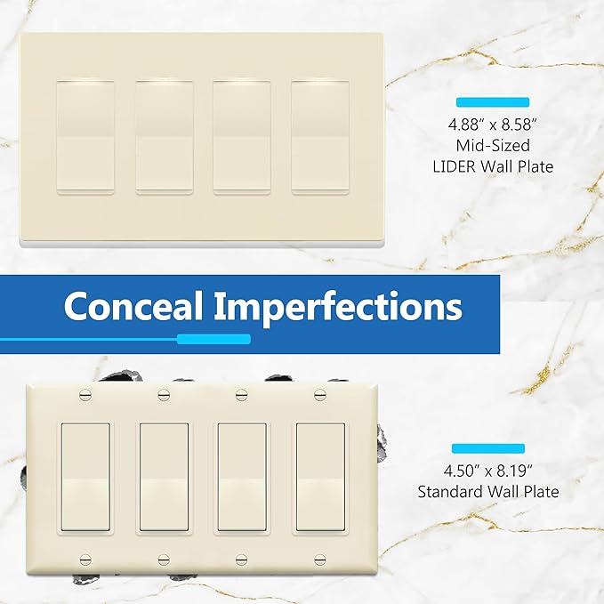 LIDER Matte Finish Decorator Switch Cover, Screwless Wall Plate, Mid-Size 4-Gang 4.88" x 8.58", Unbreakable Polycarbonate Thermoplastic, UL Listed, LSWP-34M-LA, Light Almond