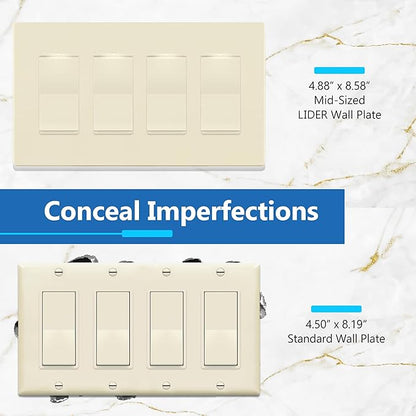 LIDER Matte Finish Decorator Switch Cover, Screwless Wall Plate, Mid-Size 4-Gang 4.88" x 8.58", Unbreakable Polycarbonate Thermoplastic, UL Listed, LSWP-34M-LA, Light Almond