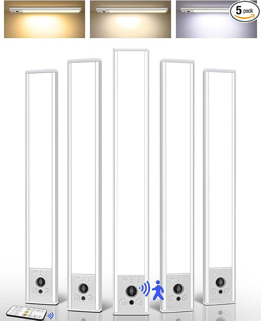 EZVALO 5 Pack Under Cabinet Lighting, 4000mAh Rechargeable Motion Sensor Light, 16.5inch Magnetic Closet Lights with Dimmable & 3 Color Temps, Wireless Motion Activated Lights with Remote for Kitchen