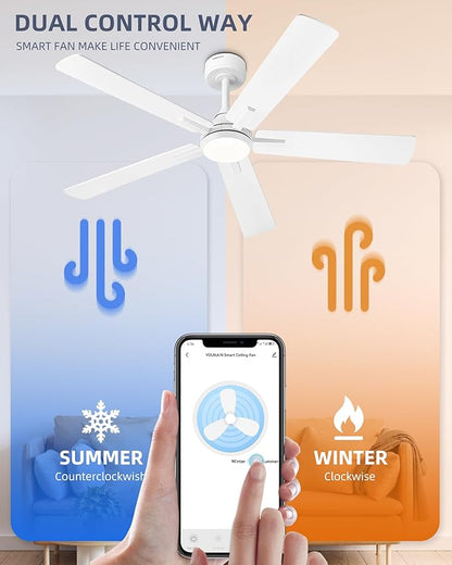 YOUKAIN Ceiling Fans with Lights, 52 Inch White Ceiling Fans, Bedroom Ceiling Fan with Remote & APP Control, Reversible Blades, LED Ceiling Fan for Cover Outdoor Living Room, 52-YJ812-WH