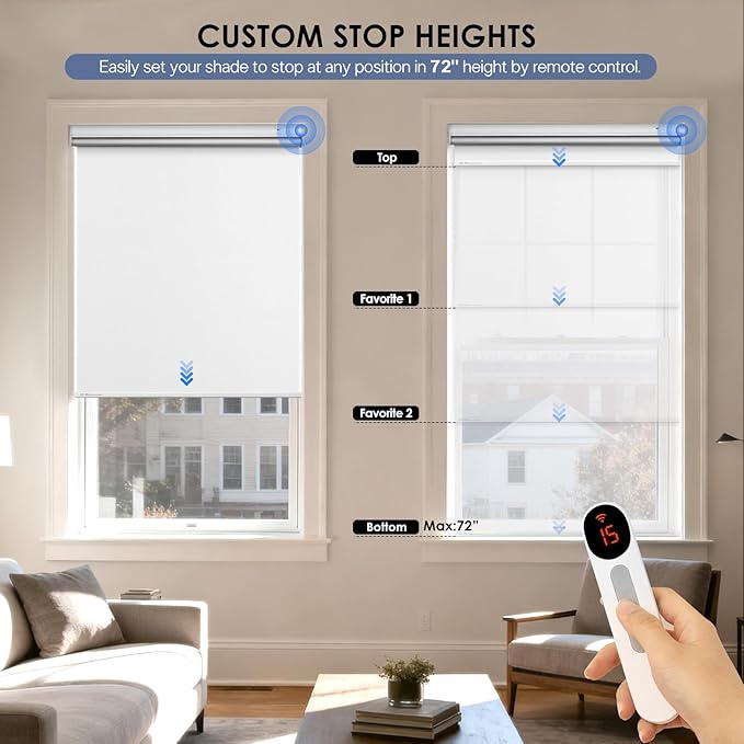 Motorized Blackout Smart Roller Blinds with Remote Control & Solar Panel - Automatic Electric Shades for Windows, Compatible with Alexa - White,29" W*72" H