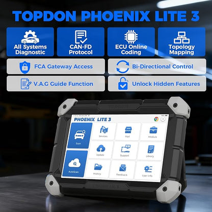 TOPDON Phoenix Lite 3, 2025 Upgraded Scanner of Lite 2, Bidirectional Scan Tool with CAN-FD, Car Scanner Diagnostic Tool, 35+ Maintenance Resets, Topology Mapping, ECU Coding, FCA Autoauth