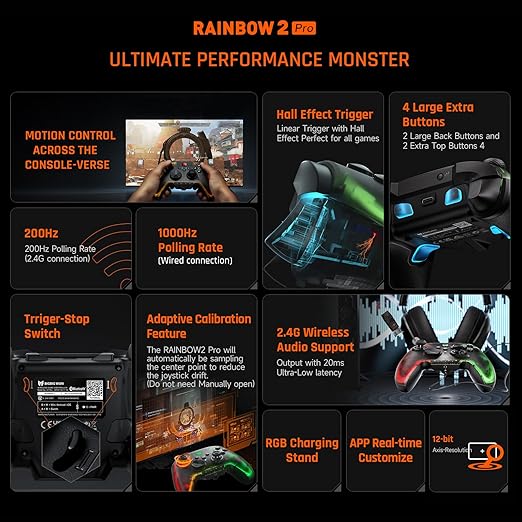 PC Controller, BIGBIG WON Wireless Controller Motion Control, Hall Trigger, ALPS Joystick, 3.5mm Audio, Gaming Controller for PC Windows/Android/iOS/Switch Pro Controller (Rainbow 2 Pro&Charging Dock)
