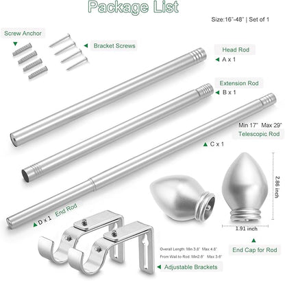 Curtain Rods for Windows 16 to 48 inches, Curtain Rod Max Adjustable Length to 60 in, Drapery Rod 1 inch Diameter with Modern Knobs Finials (Satin Silver, 16" to 48" - Set of 1)