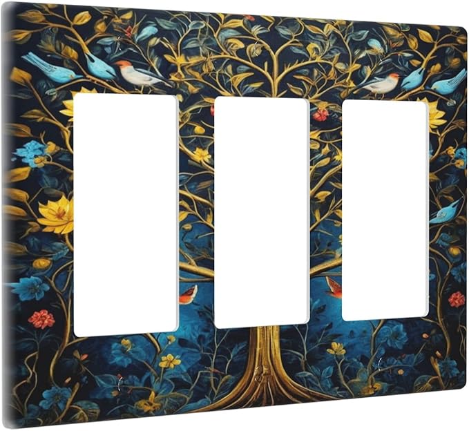 Gold Tree With Birds Flowers on Branches 3 Gang Rocker Triple Outlet Wall Plate Decorative Switchplate Cover Faceplate GFCI Light Switch Covers for Farmhouse Living Decor
