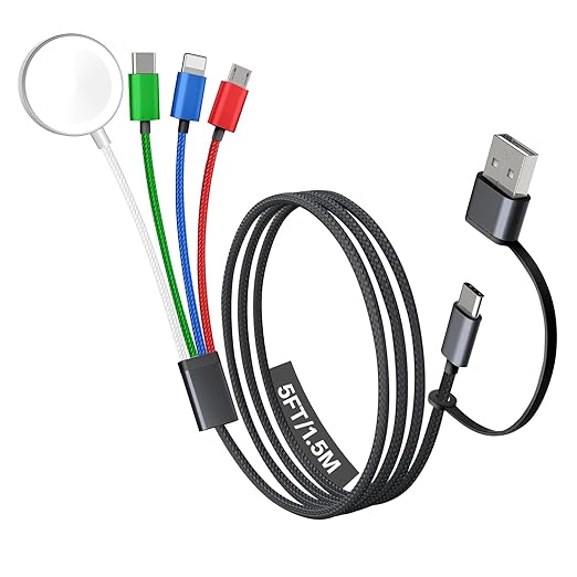 Travel Essentials, 4 in 2 Multi Charging Cable for Apple Watch Charger/iPhone Charger,USB C Cable Cord for iPhone 17-11/iWatch Ultra/10-2/Galaxy S25-S20, Android Phones, MP3-MultiColor,5FT