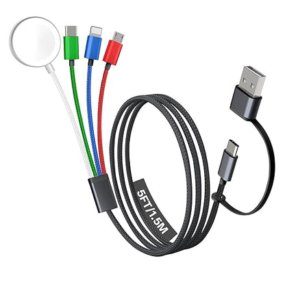 Travel Essentials, 4 in 2 Multi Charging Cable for Apple Watch Charger/iPhone Charger,USB C Cable Cord for iPhone 17-11/iWatch Ultra/10-2/Galaxy S25-S20, Android Phones, MP3-MultiColor,5FT