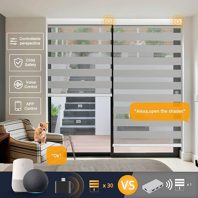 Motorized Blinds with Remote, Cordless Automatic Zebra Shades, Smart Blind for Windows, Grey, 28 x 72