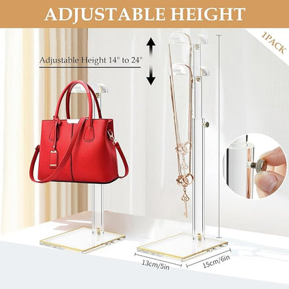 Acrylic Purse Display Stands, 14"-24" Adjustable Height Handbag Holder, Clear Purse Rack Stands for Closet Retail, Durable Gold Trim Hanging Bag Wallet Jewelry Necklace Organizer Stand(PATENT PENDING)
